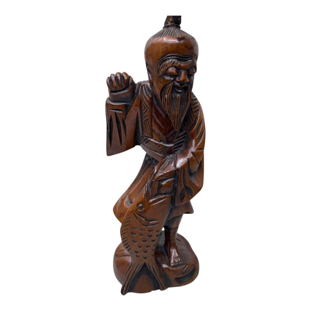 Chinese God Of Longevity Shouxing Shou Lao Vintage Carved Wooden Statue Fish 10"